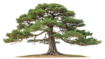 Tall single oak tree with lush green foliage, isolated on white background