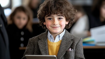 High dynamic range shot of a student reading on a tablet, vivid screen colors and sharp details of digital content, fine details of a modern classroom environment in the background