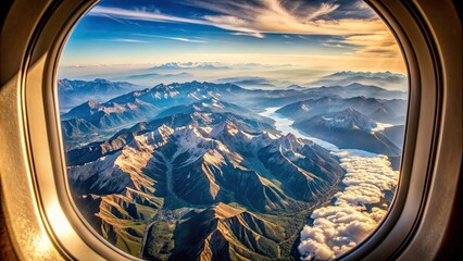 Aerial view of majestic mountains and valleys from airplane window, sky, clouds, airplane, travel, landscape, scenic, nature