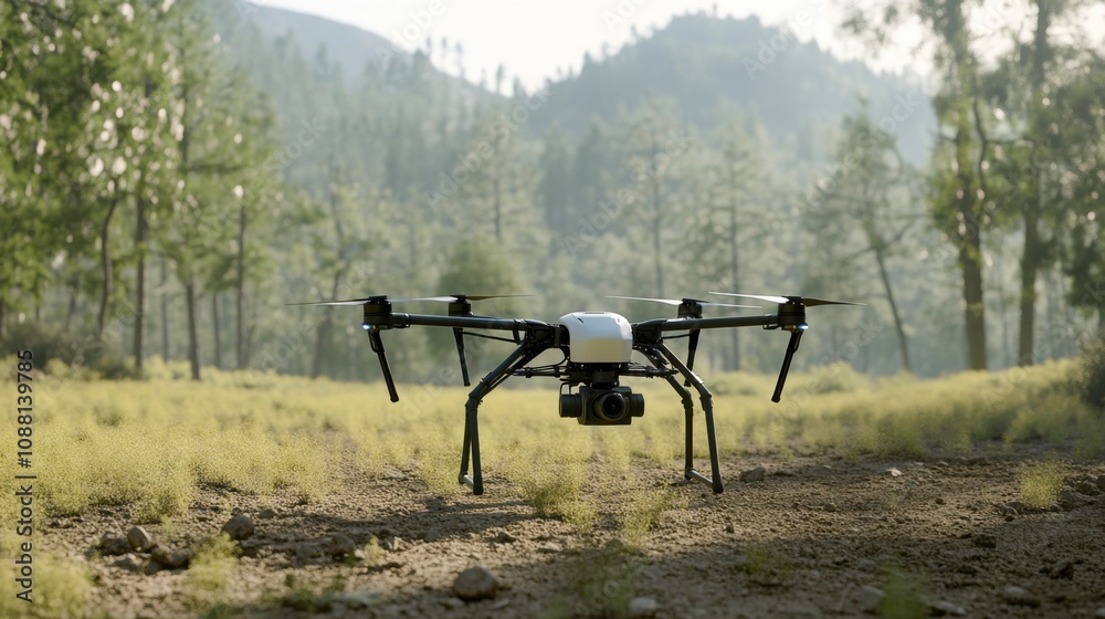 Poster a high-tech ai-driven autonomous drone for precision environmental impact studies, clean natural env