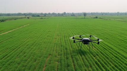 A high-tech AI-driven autonomous drone for precision crop spraying, clean agricultural field with drones designed for efficient and targeted application of fertilizers and pesticides