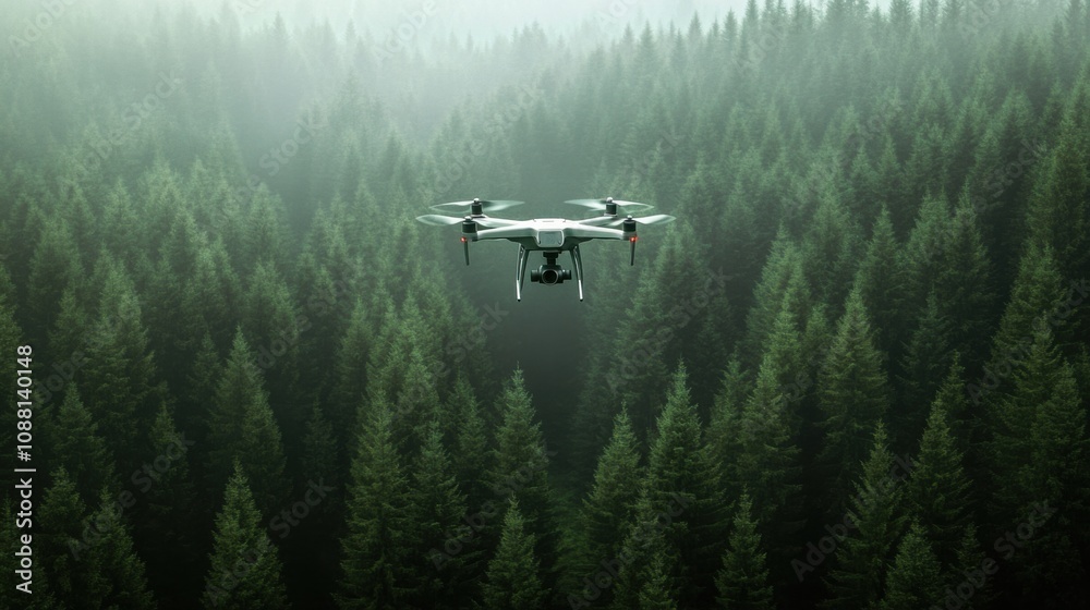 Poster A high-tech AI-driven autonomous drone for precision forest management, clean forest environment with drones designed for monitoring and managing forest health and resources, Forest Management style