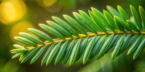 Fototapeta premium Single yew leaf with glossy surface, yew, leaf, needle-like, dark green, small, glossy, botanical, nature, plant, close-up