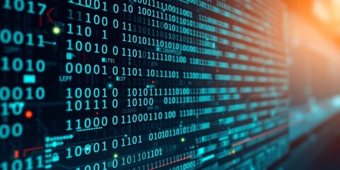 A futuristic digital lock with binary code patterns on a network server, symbolizing cyber security and data protection, network, symbolizing