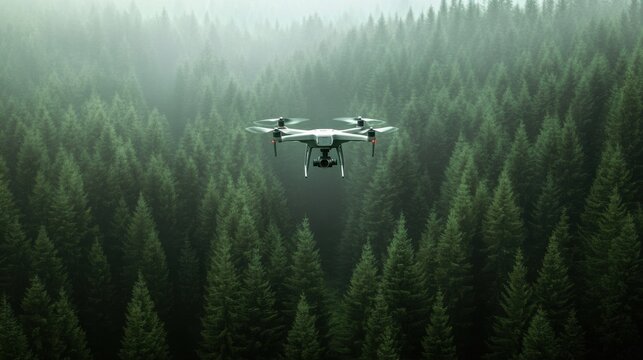 A high-tech AI-driven autonomous drone for precision forest management, clean forest environment with drones designed for monitoring and managing forest health and resources, Forest Management style