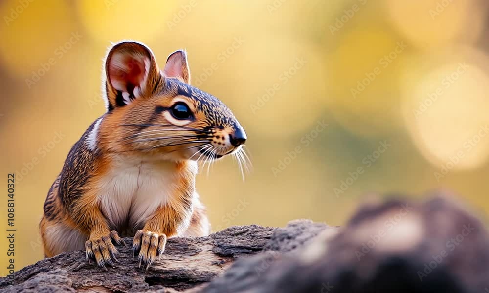 Poster Curious Squirrel on Tree Trunk with Blurry Bokeh Background in Sunny Forest Setting : Generative AI