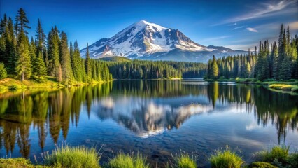 Mountain landscape with a tranquil lake and the iconic Mount Rainier in the background, mountain, landscape, lake