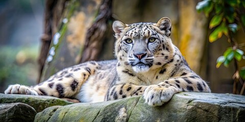 Obraz premium Himalayan snow leopard resting on a rock at the zoo