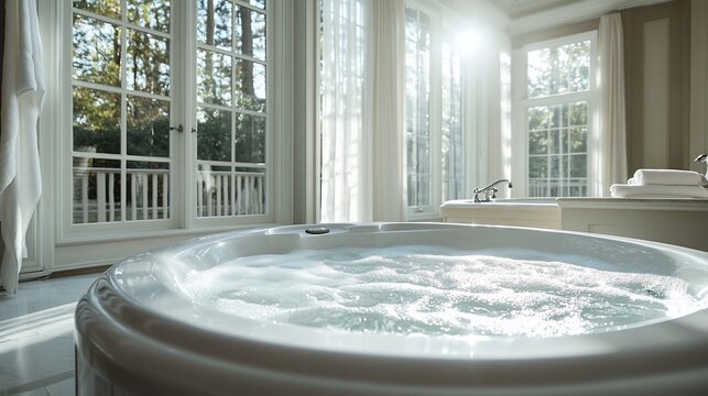 Luxurious round jacuzzi tub filled with bubbles in a bright bathroom with large windows and sunlit views.