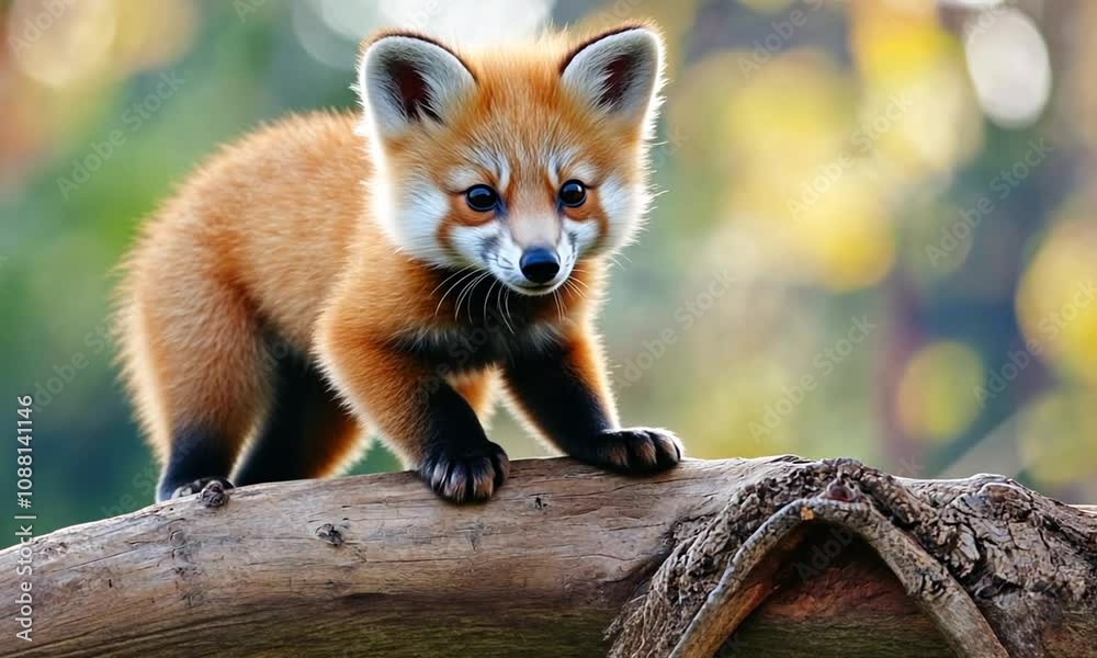 Poster Playful Red Panda Cub On Tree Branch With Soft Golden Lighting : Generative AI