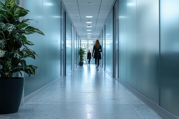 Fototapeta premium Blurry figures walking through a modern glass corridor office space architectural photography contemporary design ground-level perspective evocative atmosphere