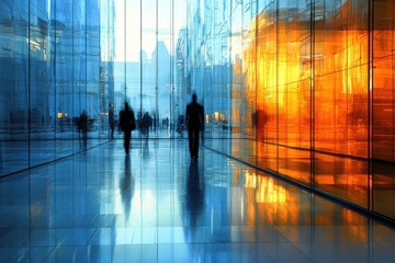 Blurred figures walking through a modern glass office corridor urban environment architectural photography contemporary design abstract concept