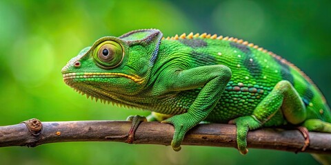 Fototapeta premium Green chameleon camouflaged on a branch, wildlife, reptile, nature, camouflage, tree, wildlife photography