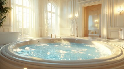 Luxurious bathroom with a round jacuzzi tub, sunlight streaming through large windows.