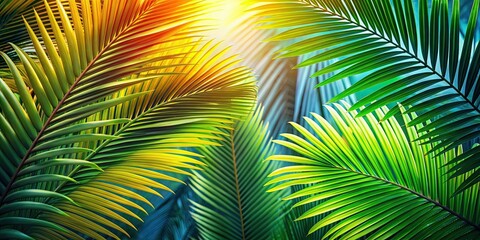 Fototapeta premium Close-up of vibrant tropical palm leaves background, tropical, palm leaves, tropical plants, close-up, vibrant, green
