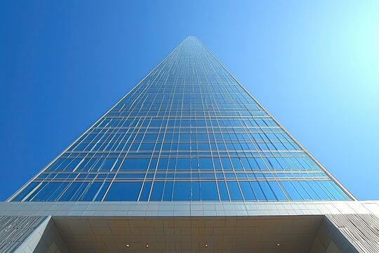 Exploring the modern glass skyscraper facade a bottom-up perspective of urban architecture in a clear sky environment