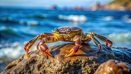Fototapeta premium Crab sitting on a sea rock, marine life, ocean, wildlife, crustacean, beach, nature, underwater, shell, claws, seashore