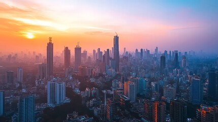 Fototapeta premium A breathtaking aerial view of a modern city skyline during a vibrant sunset, with skyscrapers casting long shadows and the sky ablaze with a mix of pink, orange, and blue hues.