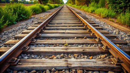 Fototapeta premium Wooden railroad track with textured surface , transportation, vintage, scenic, old, rustic, wooden, tracks, trains