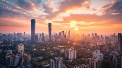 Aerial view of modern metropolitan skyline at sunset, Mumbai, India
