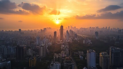 Fototapeta premium A stunning aerial view of a city skyline with the sun setting behind it. The sun is shining brightly, creating a golden glow over the city.