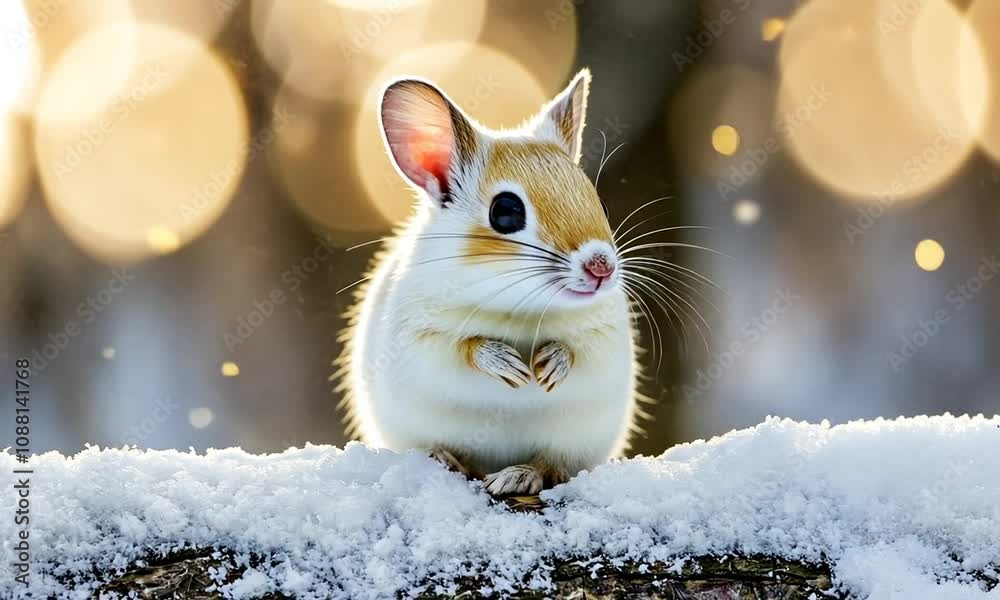Poster cute snowcovered hamster in winter wonderland with glowing bokeh background : generative ai