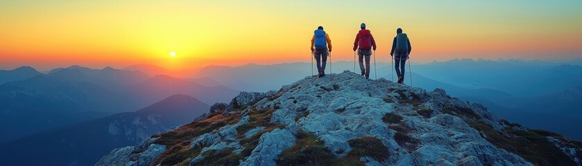 Obraz premium Cinematic mountain summit achievement majestic peaks group climbing adventure backlit sunrise inspirational viewpoint for peak experiences