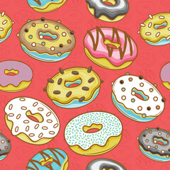 seamless pattern with cute donuts with various attractive colors, cream, sweet, tasty, sprinkles, chocolate, strawberry, vector art illustration design