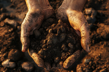 Obraz premium a pair of dirty hands cupped together holding dark soil under golden light representing farming nurturing and growth 