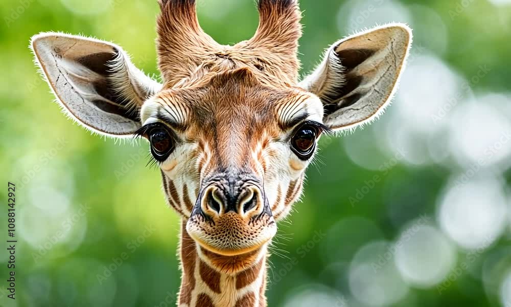 Poster Giraffe with Intriguing Expression Against Vibrant Green Background : Generative AI