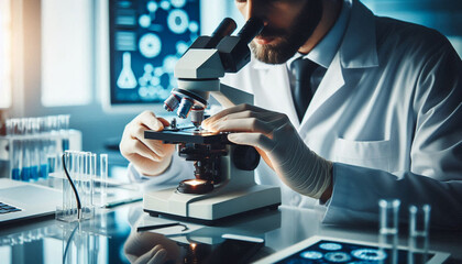 scientist looking at a microscope