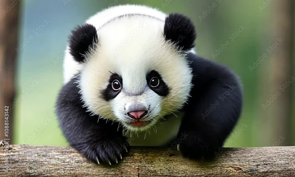 Poster playful panda cub with black and white fur hanging on a log : generative ai