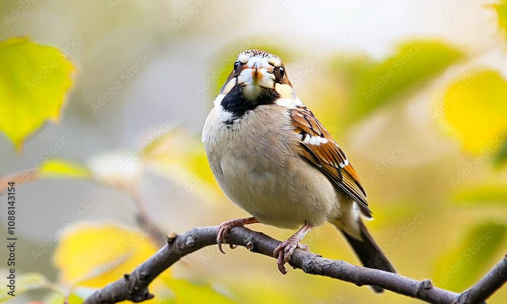 Poster detailed portrait of a sparrow perched on a branch with lush green background : generative ai