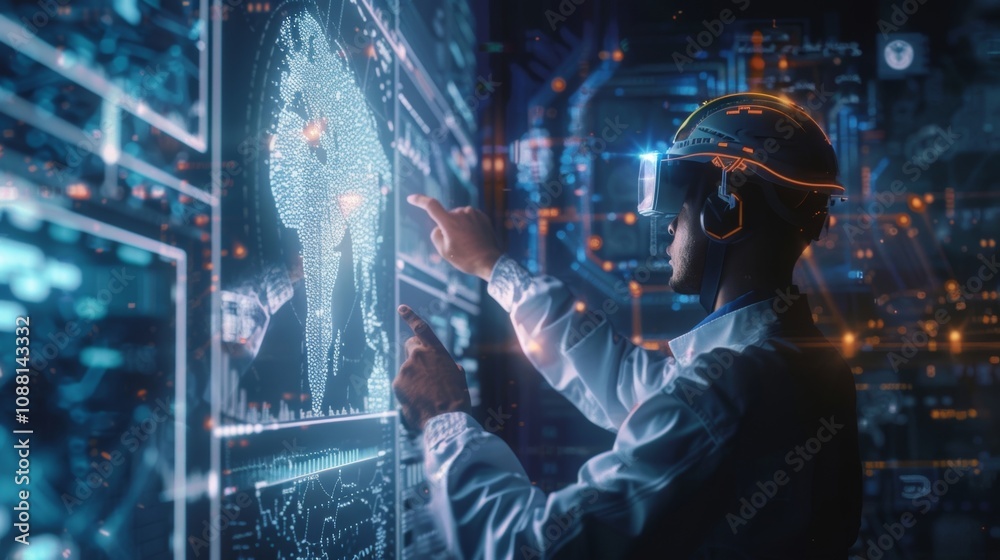 Poster scientist wearing a vr headset interacts with a futuristic global data interface, visualizing world 