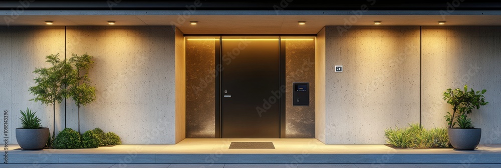 Poster the entrance of a contemporary home showcases smart security features like cameras, motion sensors, 