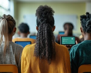 Expansive shot of an elearning classroom, students seated in rows with colorful digital content on their tablets, wideangle capturing the entire learning space and tech setup