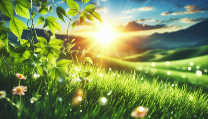 Obraz premium green grass and sun rays