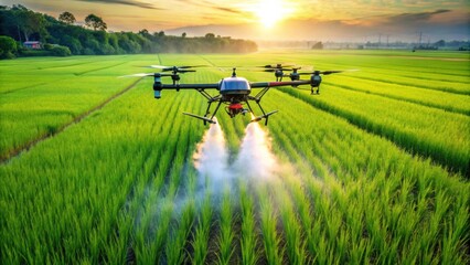 Agricultural drone spraying chemicals in a lush rice field, drone, agriculture, technology