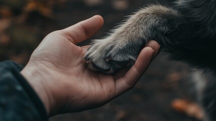 Close-Up of a Person's Hand Gently Holding a Dog's Paw in a Serene Outdoor Setting with Soft Natural Lighting and Earthy Background for Animal Connection