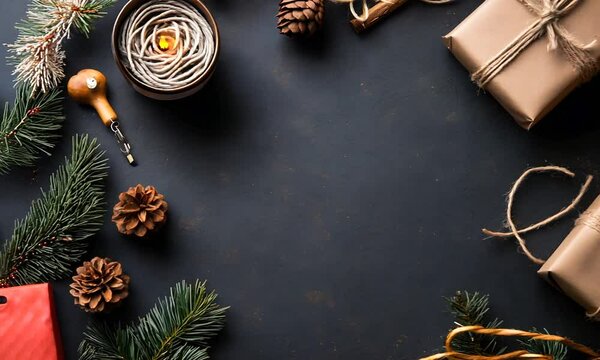 Rustic Christmas Gift Wrapping with Pinecones and Fir Branches on Dark Background : Generative AI