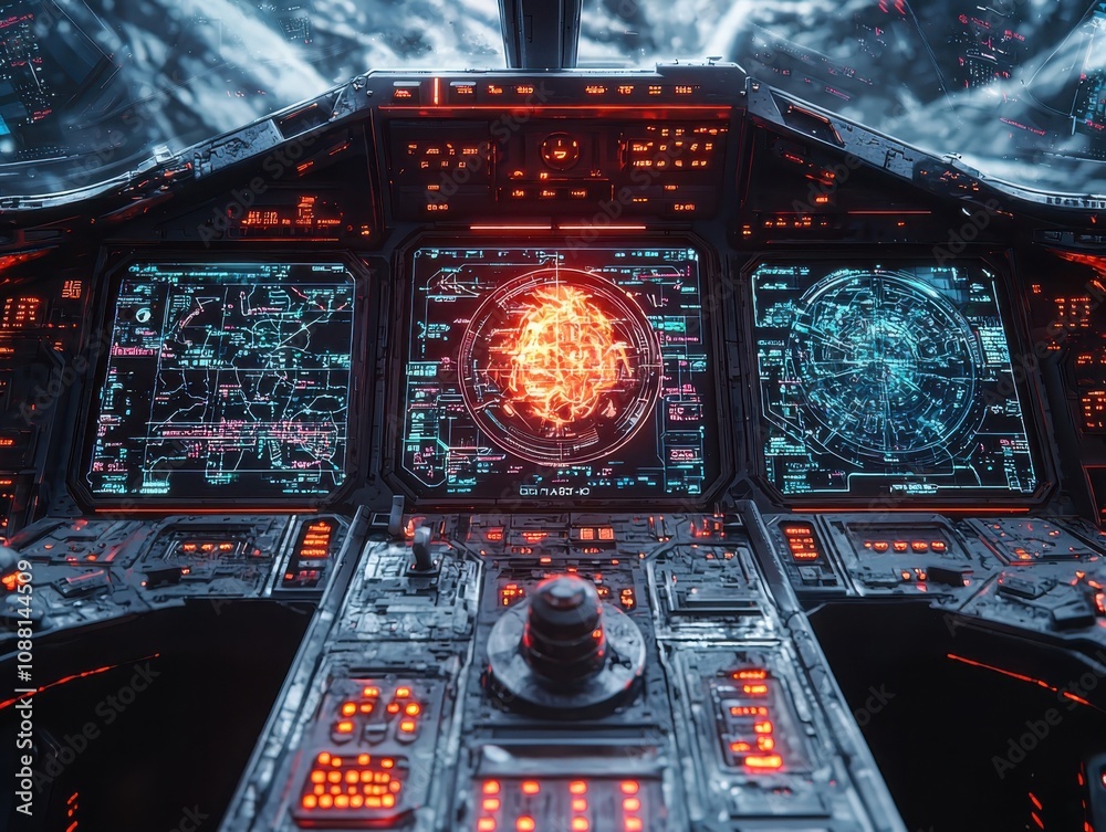 Poster augmented reality cockpit action scene sci-fi environment high-tech viewpoint neural interface conce