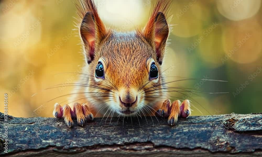 Poster Closeup of an adorable squirrel peeking over a tree branch with a blurred golden background : Generative AI