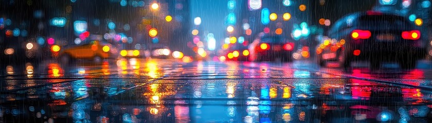 Fototapeta premium Urban night scene vertical blank poster city environment illuminated content rainy viewpoint for dynamic advertising