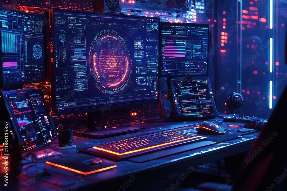 Poster exploring data streams in a virtual reality hub holographic workstation experience in a futuristic e