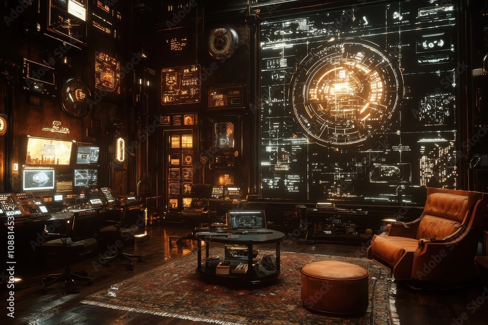 Poster exploring virtual reality hub holographic workstation data stream in a futuristic environment for en