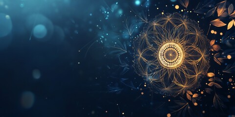 Golden Mandala Dandelion Seedhead with Botanical Elements Dark Blue Background Abstract Art