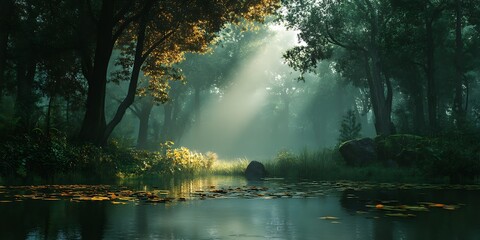 Fototapeta premium Sunbeams in Misty Forest River