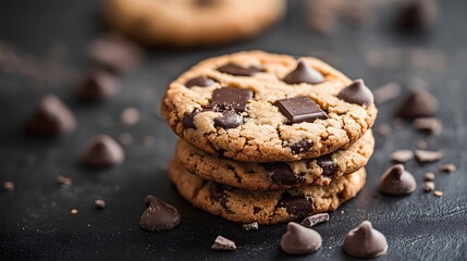 Fototapeta premium Delicious chocolate chip cookies stacked, surrounded by chocolate chips.