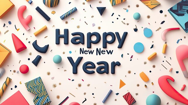Celebrating the New Year in bold, playful typography on a soft white background, embellished with colorful geometric shapes and a touch of sparkle, offering plenty of copy space for personalization.