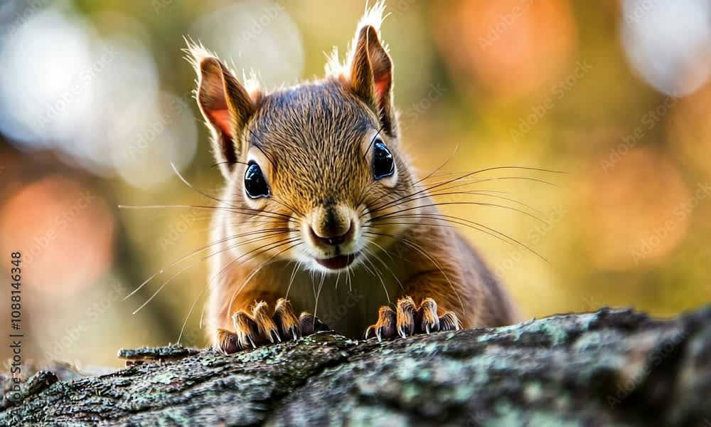 Poster Adorable Red Squirrel Peeking Over Log in Autumn Forest Setting : Generative AI